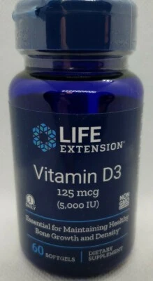 Life Extension 维生素 D3 125 微克 (5000 IU), 60 粒软胶囊 — 第 1/2 张图片