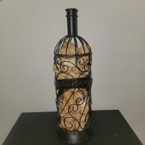 Decorative Art Cork Cage Holder Wine Bottle Shaped Black/Bronze 15" with Corks - Picture 1 of 3