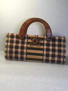 Vintage Collapsible Bamboo Handbag Slatted Double Wooden Handle Rectangle Purse - Picture 1 of 6