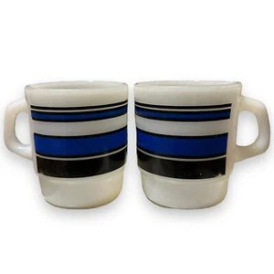 Tazas de café apilables Anchor Hocking Fire King bandas azules negras rayas vintage - Imagen 1 de 13