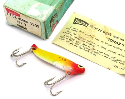 Heddon Sonar 431 Y Vintage 1/4 oz. Señuelo de pesca con plantilla de hoja de metal en caja - Leer Foto 1 de 4