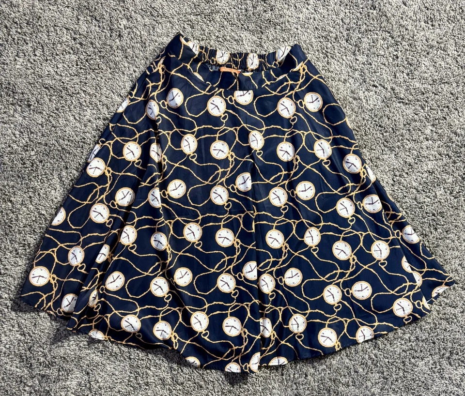 Falda ModCloth Línea A Mujer Mediana Azul Marino Estampado Reloj Cintura Elástica Cremallera Lateral Midi Foto 1 de 4