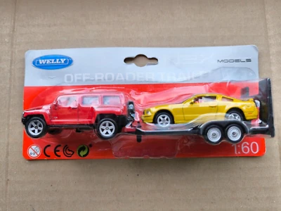 Remolque todoterreno Welly Nex 1:60 Mhummer H3 rojo y Ford Mustang GT 2005 amarillo Foto 1 de 3