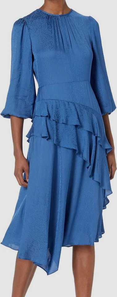 Shoshanna Women Blue Satin Tara Ruffle Jacquard Midi A-Line Dress Size 6