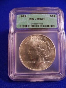 1924 $1 Silver Peace Dollar Graded by ICG as MS-61 - Picture 1 of 5