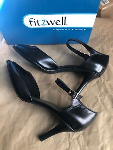COMFY! Fitzwell SHIMMY Square Open Toe Ankle Strap 4" Pump 12W Black LEATHER