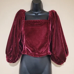 Free People Samt Puffärmel quadratischer Ausschnitt gesmokter Rücken bauchfreies Oberteil burgunderrot M Gothic - Bild 1 von 9