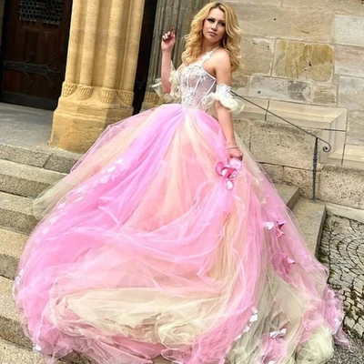 Halter Woman Light Pink Wedding Dress Fluffy Wedding Dresses Sequins Applique - Image 1 of 4