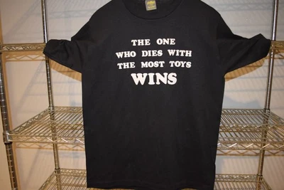 Most Toys Wins vtg 80s Single Stitch Flock Black Soft t shirt Jerzees Russell - Image 1 of 3
