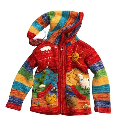 Suéter con Capucha de Lana Bordada Animales Multicolor Rojo Sisandina Niños Talla 2 Foto 1 de 4
