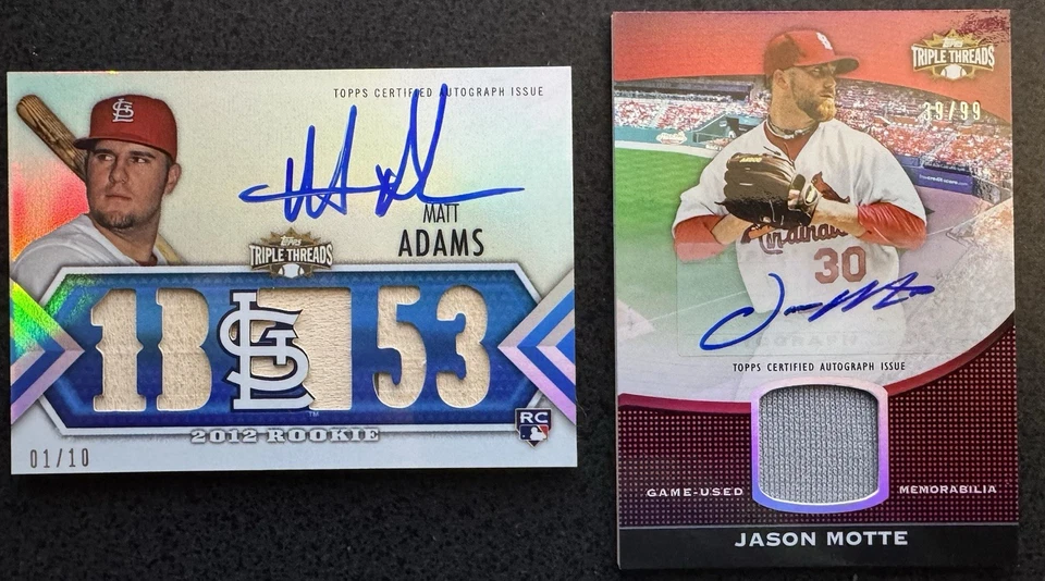 Jason Motte y Matt Adams Reliquia Topps Triple Hilo Autos/99 y/10 Cardenales Foto 1 de 2