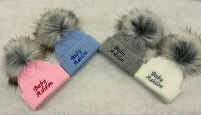 Personalised Unisex Baby Boy Girl Hat Faux Pom Pom Baby Shower Gift Name Year