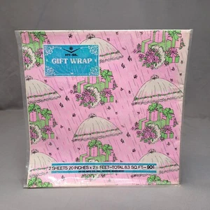 VINTAGE HY-SIL Gift Wrap Pink Green Wrapping Paper 2 Sheets Umbrellas Roses NOS - Picture 1 of 6