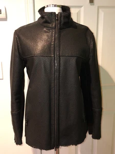 NWT DROMe Men's Italy  black leather mohair lining perforated zip jacket coat L - Picture 1 of 11