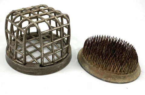 2 Vintage Metal Flower Frogs 3” Needle Spike & Dazey Cage Cover
