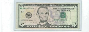 $5 Dollar Bill, MB 04007598*, STAR NOTE, BIRTHDAY 7598 JULY 5 1998 - Picture 1 of 1