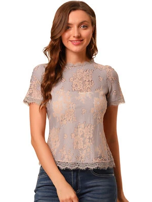 Top de encaje floral transparente con ribete festoneado Allegra K para mujer Foto 1 de 4