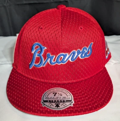 Atlanta Braves Hat Mesh Fitted Sz 7 1/8 M&N Red Blue Script Side Patch Cap NWT - Image 1 of 4