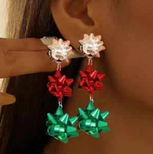 Bow Earrings Drop Dangle Silver Green Red Metal Bows Stud Earrings - Picture 1 of 7