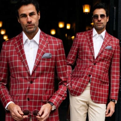 Traje de hombre a rayas rojas de un solo pecho ajustado vestido abrigo boda fiesta chaquetas Foto 1 de 4