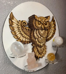 Mandala 3D Owl Natural Healing Crystals decor Display Shelf Laser Engraved  - Picture 1 of 6