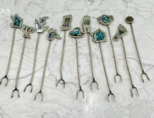 Horquillas de colección con incrustaciones de concha de abulón PLATEADAS para cóctel entremeses hechas a mano ~ 11 - Imagen 1 de 6