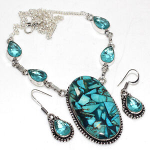 Copper Turquoise Blue Topaz Ethnic Necklace Earrings Set Jewelry 18|1.4" JW