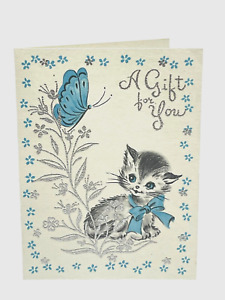 UNUSED Vintage Gift For You MCM Note Card Kitten Butterfly Silver Accent