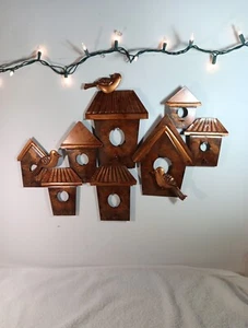Vtg. Metal Copper Hand Brushed Wall Plaque Bird Houses Decor - Picture 1 of 9