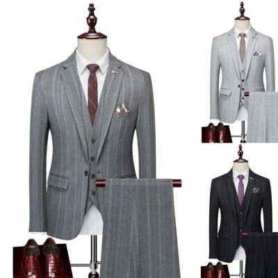 Conjunto de trajes de hombre a rayas anchas 3 piezas formales esmoquin muesca solapa chaqueta chaleco pantalones Foto 1 de 4