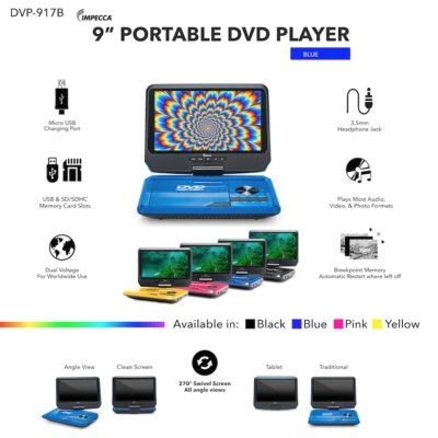 Impecca DVP-917B, 9" 270° Swivel Screen Portable DVD Player, Blue - Image 1 of 4