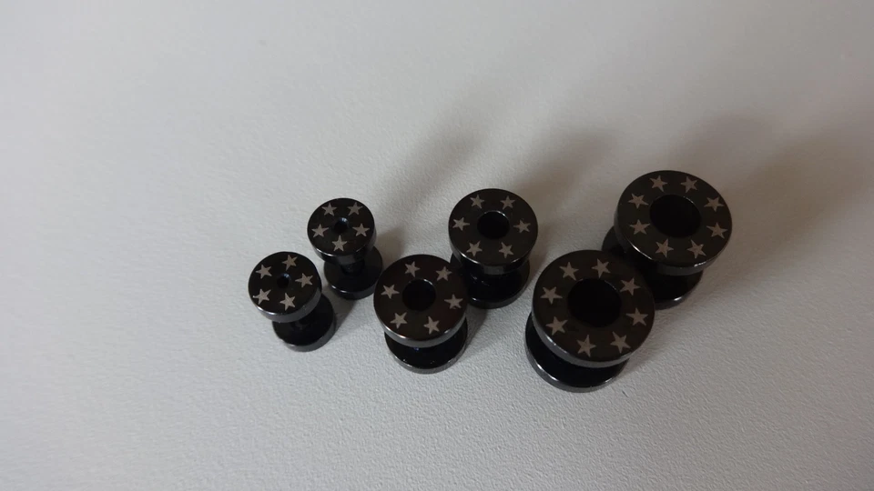 1 Paar Tunnel Plug Stud Helix Schwarz Front Motiv Sterne / Stars  2 mm 4 mm 6 mm - Bild 1 von 1
