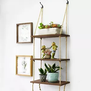 Heavy Duty Wall Hanging Rope Shelf Wooden Swing Storage Shelves Organizer Rack - Picture 1 of 12