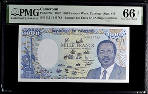 Camerún 1000 Francos 1992 P26c PMG Grado 66 EPQ Gema Sin Circular - Imagen 1 de 2