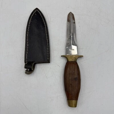 Vintage Dagger Knife w/ Leather Black Sheath Wood Handle - Image 1 of 4