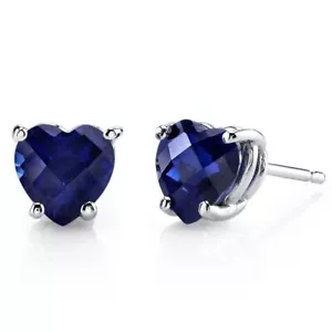 Blue Sapphire Stud Earrings 14 Karat White Gold Heart Shape - Picture 1 of 5