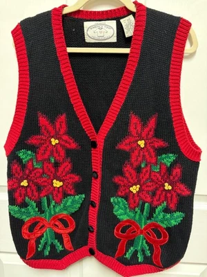 VTG Eagle's Eye Christmas Sweater Vest size L black red Green Poinsetta Bows EC - Image 1 of 4