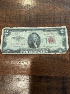 1953 B Circulated Two Dollar Bill $2 Note Red Seal Old Paper Fancy A69855241A - Picture 1 of 5