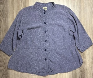 Uru 100% Seide geprägt Bluse blau Knopfleiste 3/4 Arm OS Boho künstlerisch geblümt - Bild 1 von 8