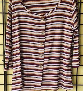 French Laundry Womens XL Pullover Top Mustard Red Gray Stripe Rib Knit Buttons - Picture 1 of 8