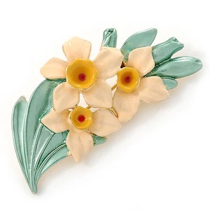 Cream/ Yellow/ Light Green Daffodil Floral Brooch In Gold Plating - 50mm L - Picture 1 of 4