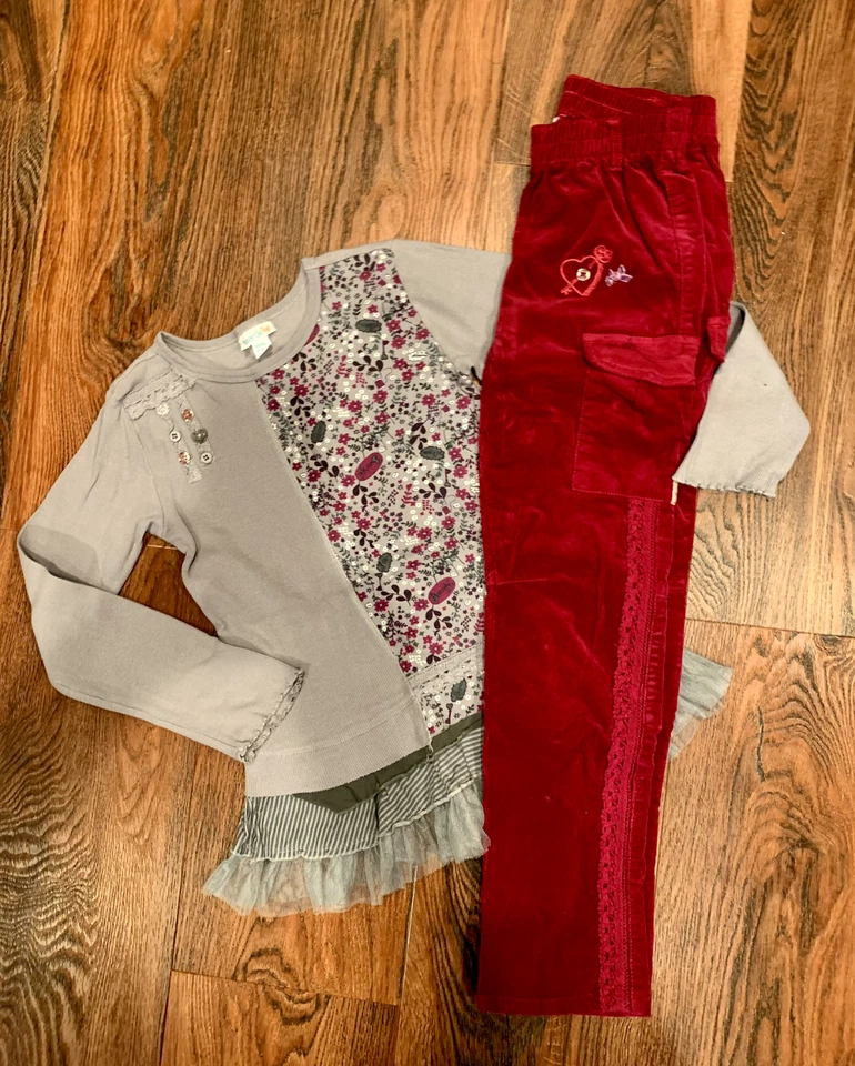 NAARTJIE Niñas Gris Estampado Top y Pantalones de Pana Rojo Arándano, Talla 10 Foto 1 de 1