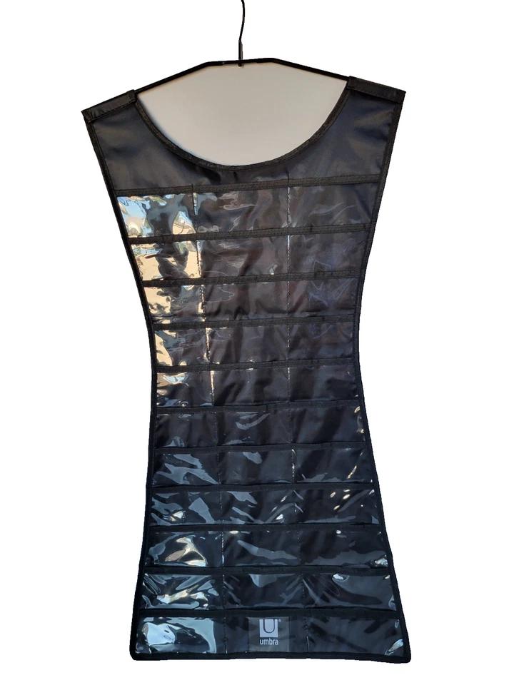 Organizador colgante de joyas con 33 bolsillos en frt y 17 colgadores de collar en la parte posterior negro Foto 1 de 4