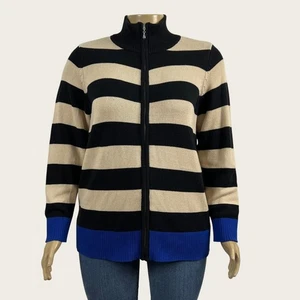 Susan Graver 1X Woman Plus Black Beige Blue Stripe Full Zip Cardigan Sweater  - Picture 1 of 7