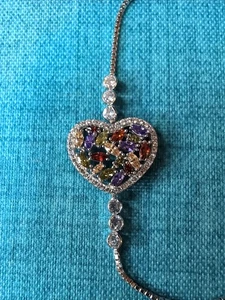 BSI Multi Color Gemstones Heart Sterling Silver 925 Adjustable Bracelet - Picture 1 of 9