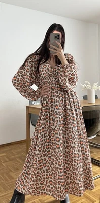Musselin Maxi Herbst Kleid Leo Animal Leopard Olivgrün  Orange Blogger 38 40 42 - Bild 1 von 4