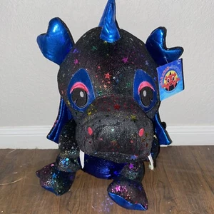 Glitter Unicorn Dragon Black/Blue Rainbow Stars   Plush 17” Caravan Toy - Picture 1 of 7