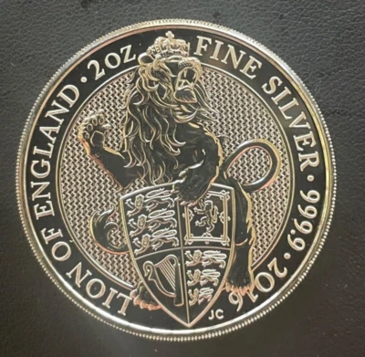 Moneda de plata Bestias de la Reina (León) Gran Bretaña 2016 2 oz .9999 fina BU Foto 1 de 4