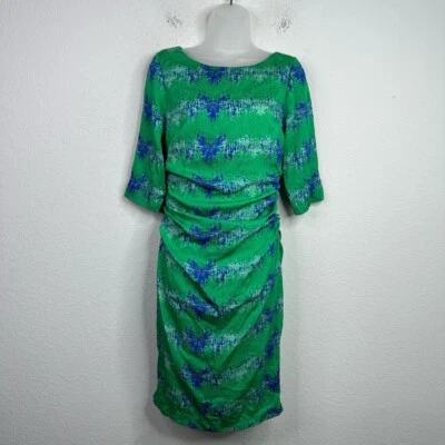 Tracy Reese Dress Womens 6P Green Blue Silk Abstract 3/4 Sleeve Ruched Sheath - Image 1 of 4