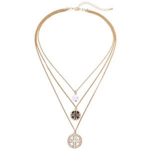 ZARD Byzantine Black Enamel Cross Charm Triple Layered Necklace in Gold Tone - Picture 1 of 6